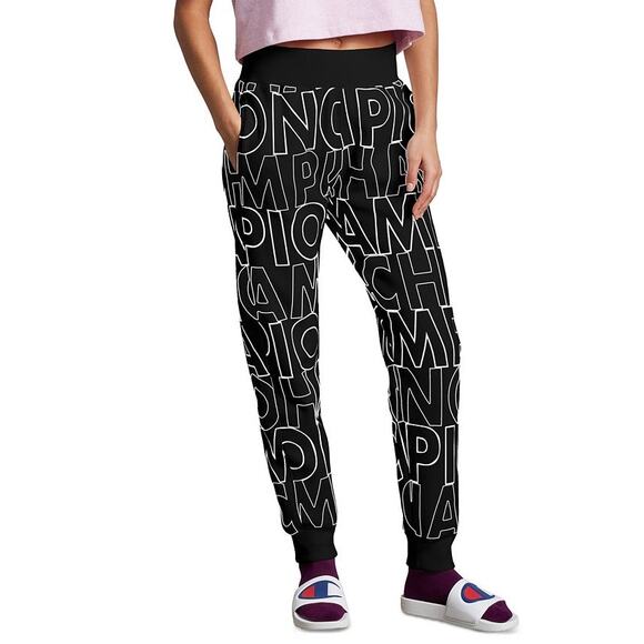 Champion Reverse Weave Black All Over Print Spellout Jogger Sweats Size Large - Picture 1 of 10